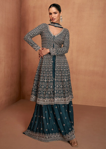 Navy Blue Embroidered Sharara Suit