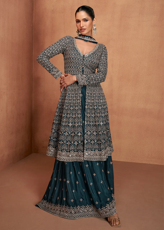 Navy Blue Embroidered Sharara Suit