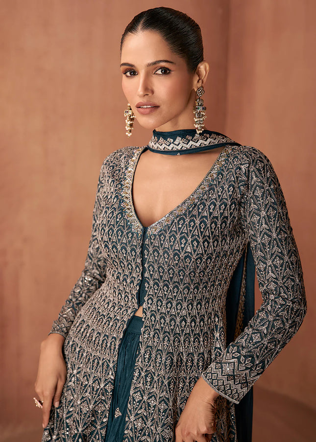 Navy Blue Embroidered Sharara Suit