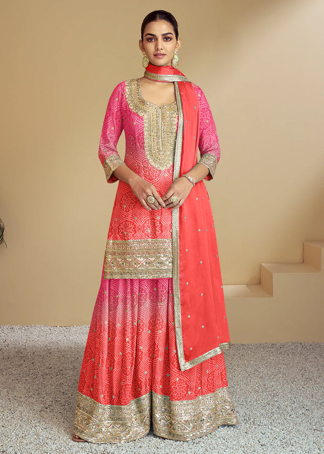 Pink and Orange Embroidered Sharara Suit