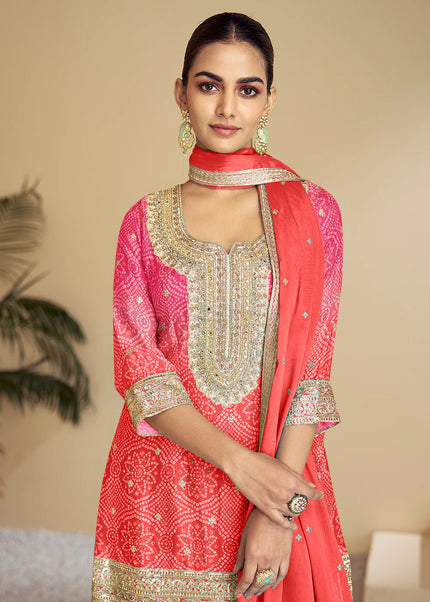 Pink and Orange Embroidered Sharara Suit