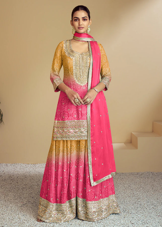 Yellow and Pink Embroidered Sharara Suit