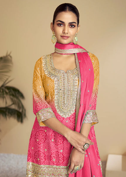 Yellow and Pink Embroidered Sharara Suit
