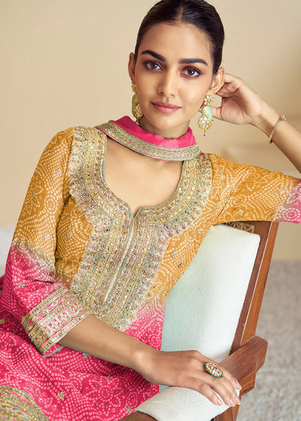 Yellow and Pink Embroidered Sharara Suit