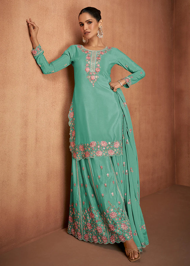 Mint Green Embroidered Sharara Suit