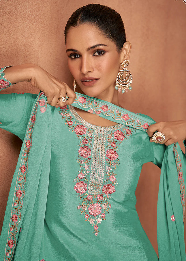 Mint Green Embroidered Sharara Suit