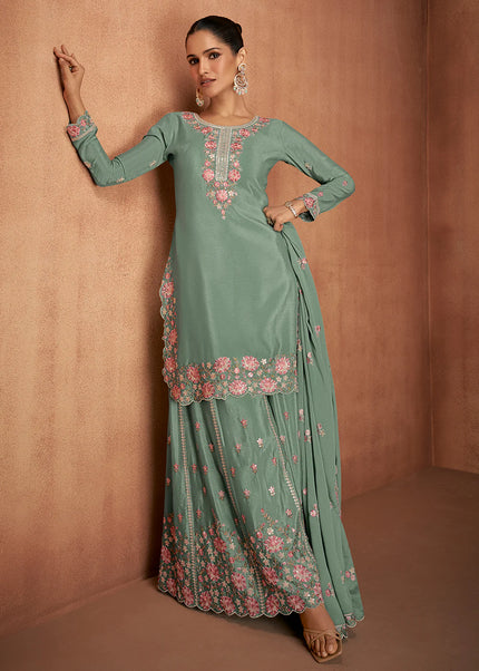 Sea Green Embroidered Sharara Suit