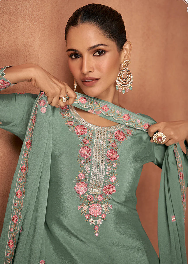 Sea Green Embroidered Sharara Suit