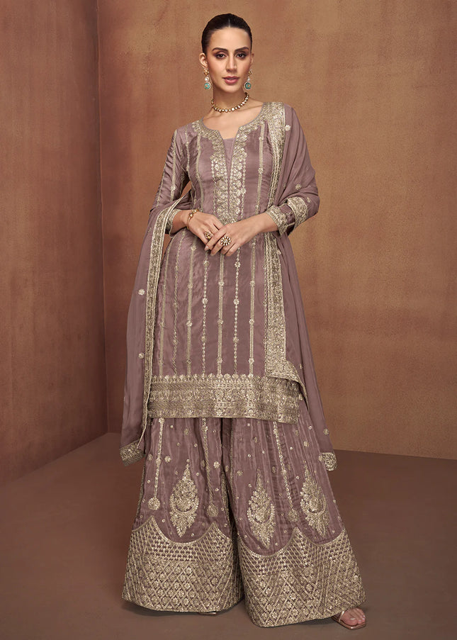 Mauve Embroidered Sharara Suit