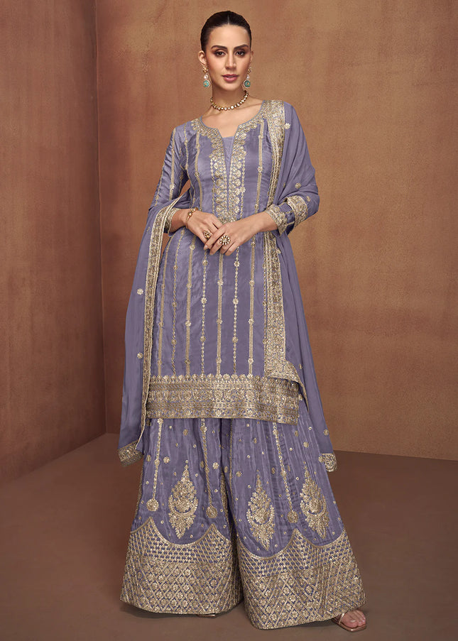 Lavender Embroidered Sharara Suit
