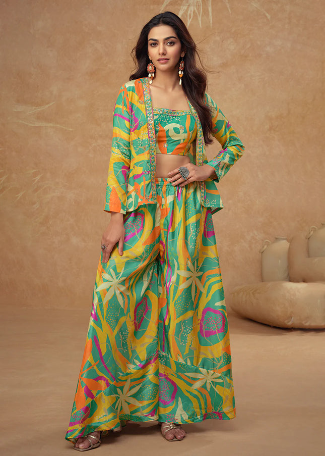 Multicolor Printed and Embroidered Jacket Style Sharara Suit