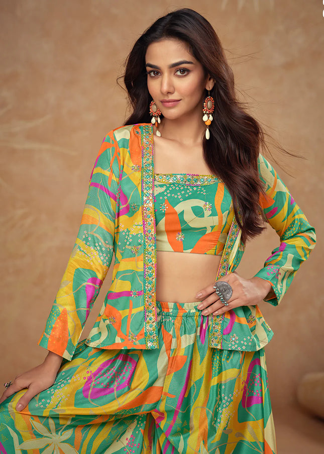 Multicolor Printed and Embroidered Jacket Style Sharara Suit