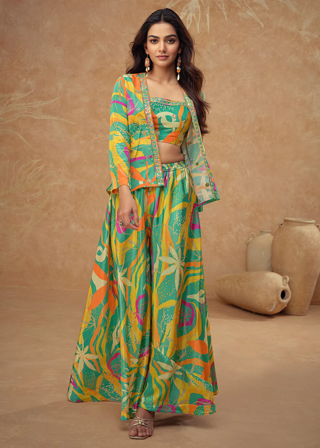 Multicolor Printed and Embroidered Jacket Style Sharara Suit