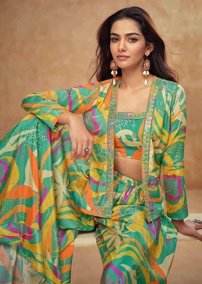 Multicolor Printed and Embroidered Jacket Style Sharara Suit