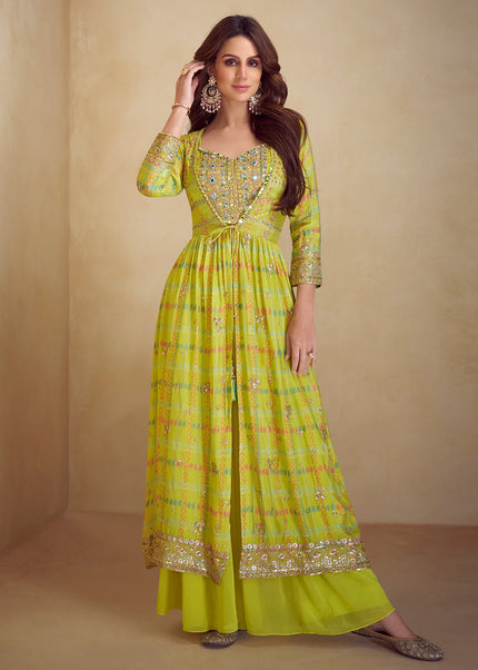 Light Green Printed and Embroidered Jacket Style Sharara Suit