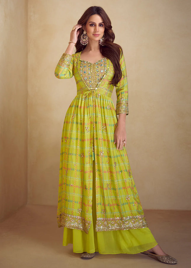Light Green Printed and Embroidered Jacket Style Sharara Suit