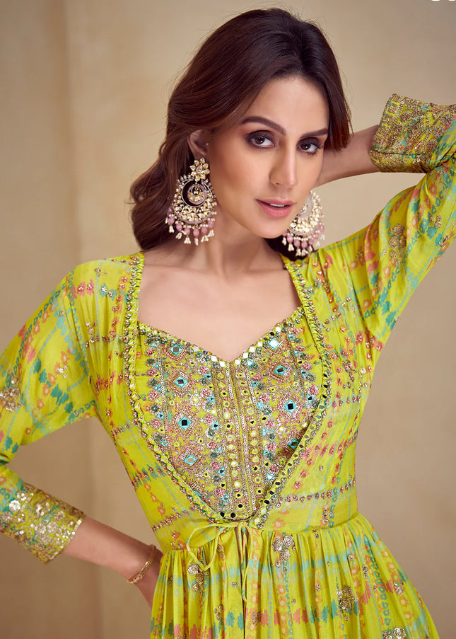 Light Green Printed and Embroidered Jacket Style Sharara Suit