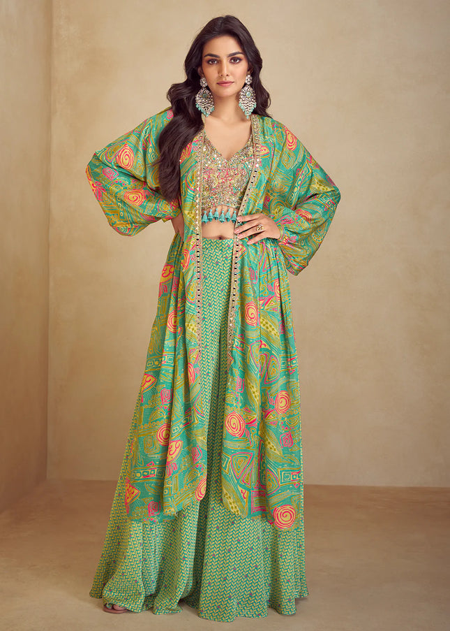 Sea Green Printed and Embroidered Jacket Style Sharara Suit