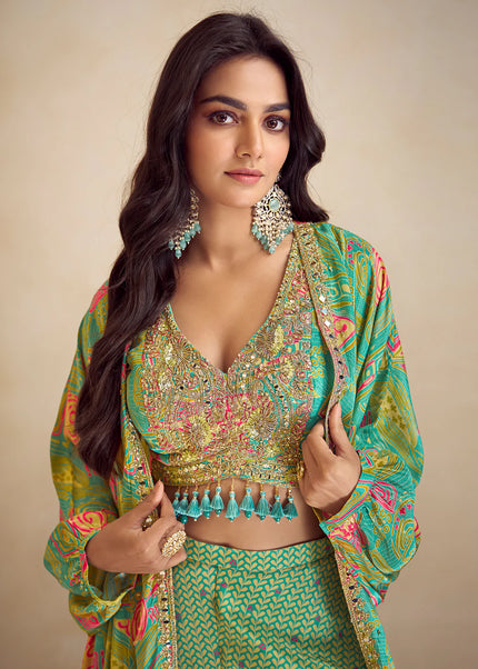 Sea Green Printed and Embroidered Jacket Style Sharara Suit