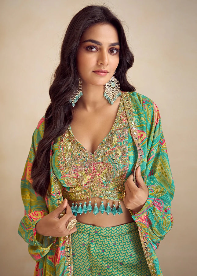 Sea Green Printed and Embroidered Jacket Style Sharara Suit