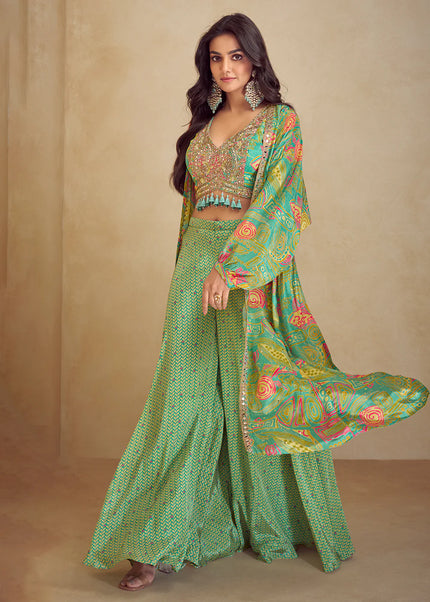 Sea Green Printed and Embroidered Jacket Style Sharara Suit
