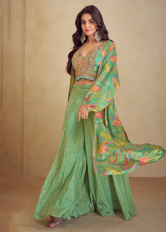 Sea Green Printed and Embroidered Jacket Style Sharara Suit