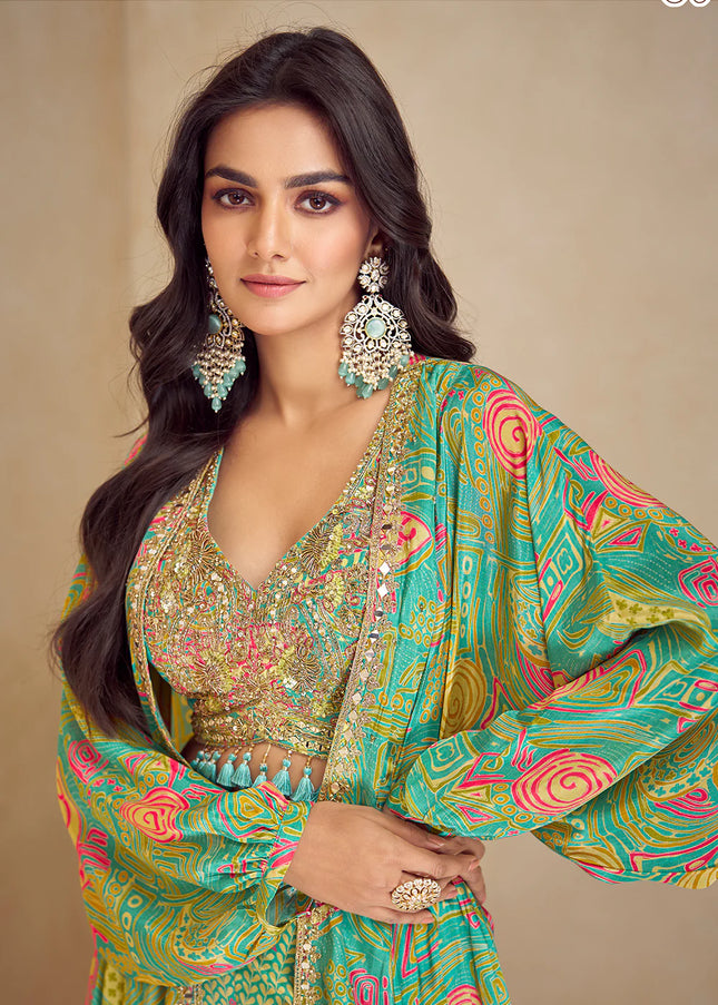 Sea Green Printed and Embroidered Jacket Style Sharara Suit
