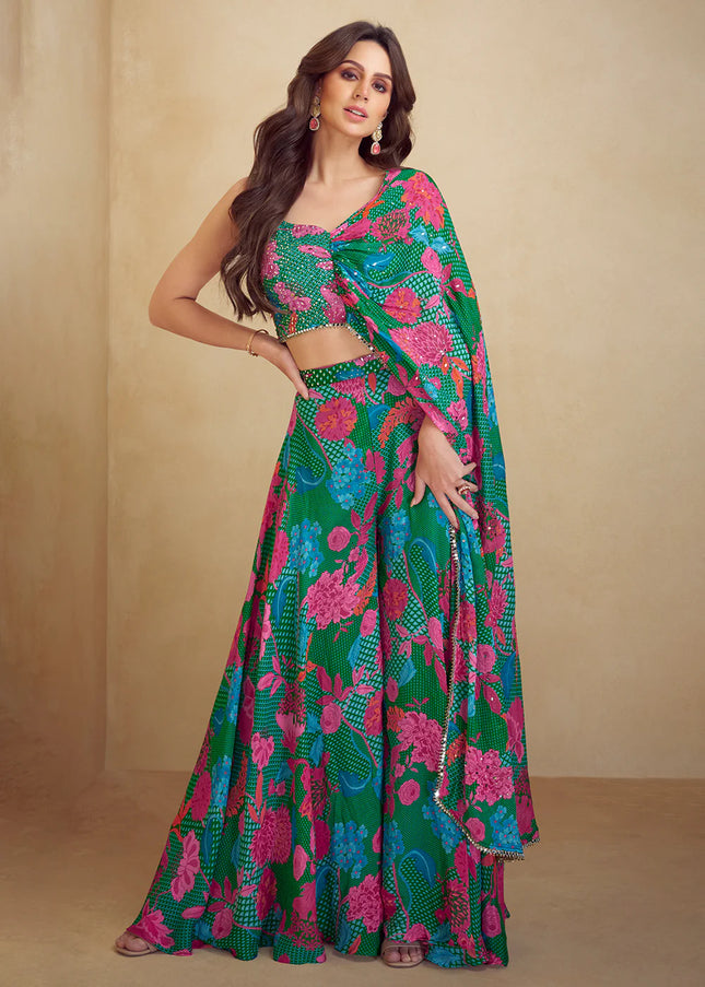 Dark Green Printed and Embroidered Jacket Style Sharara Suit