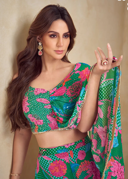 Dark Green Printed and Embroidered Jacket Style Sharara Suit