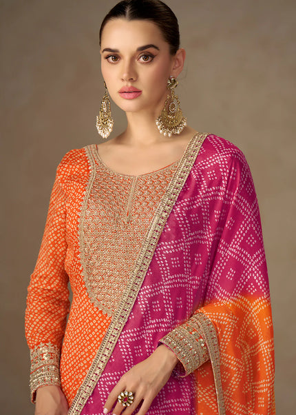 Orange Printed and Embroidered Anarkali Gown