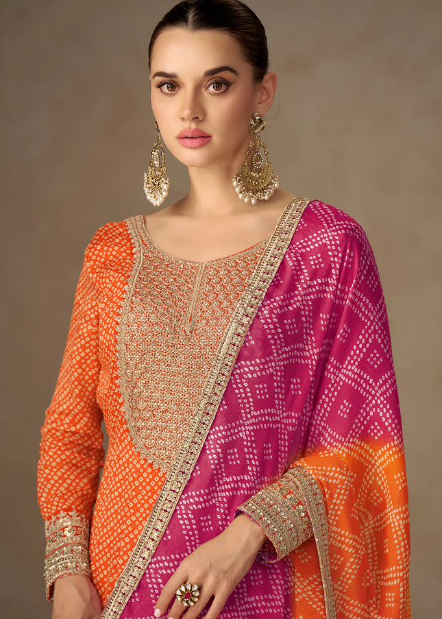 Orange Printed and Embroidered Anarkali Gown