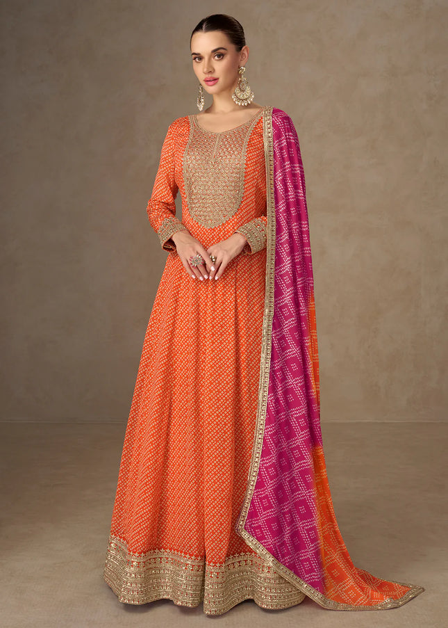 Orange Printed and Embroidered Anarkali Gown