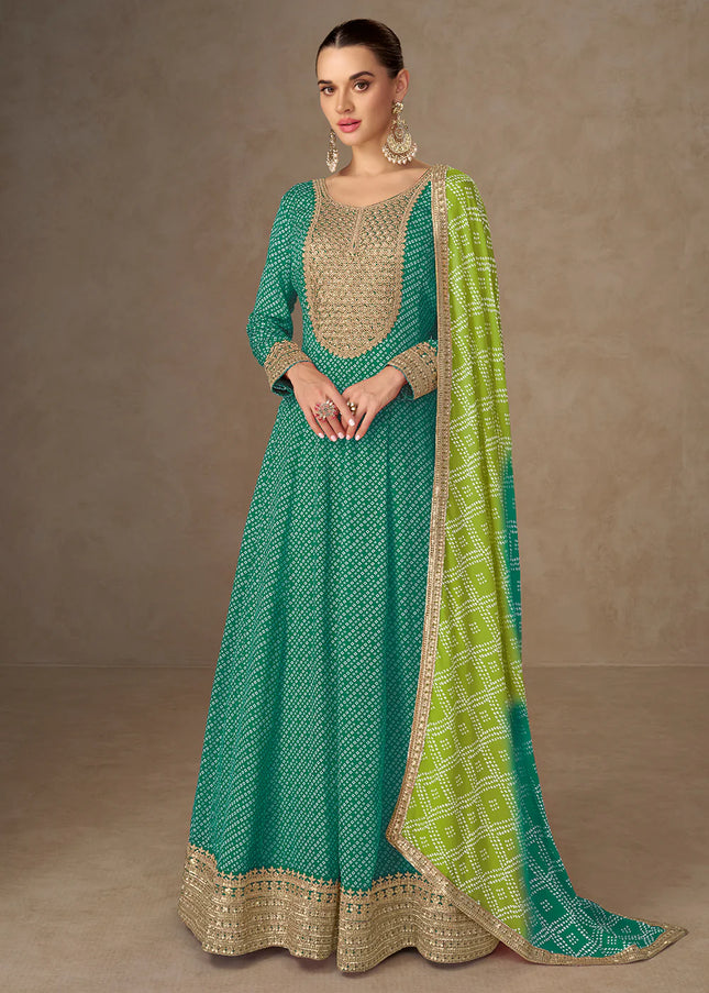 Green Printed and Embroidered Anarkali Gown