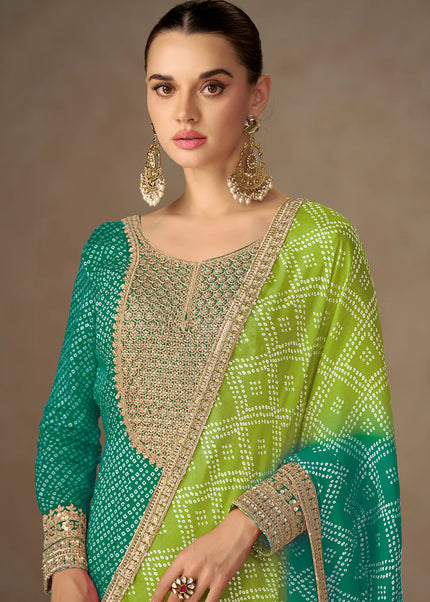 Green Printed and Embroidered Anarkali Gown