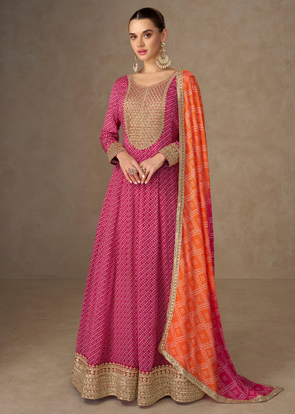 Pink Printed and Embroidered Anarkali Gown