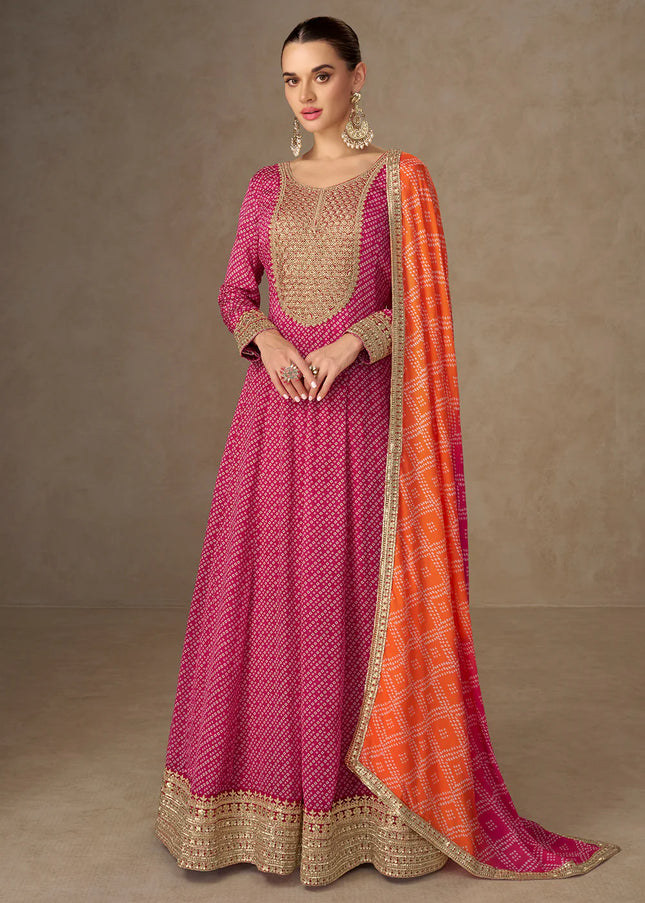 Pink Printed and Embroidered Anarkali Gown