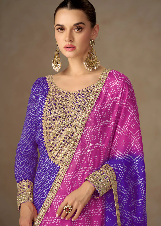 Purple Printed and Embroidered Anarkali Gown