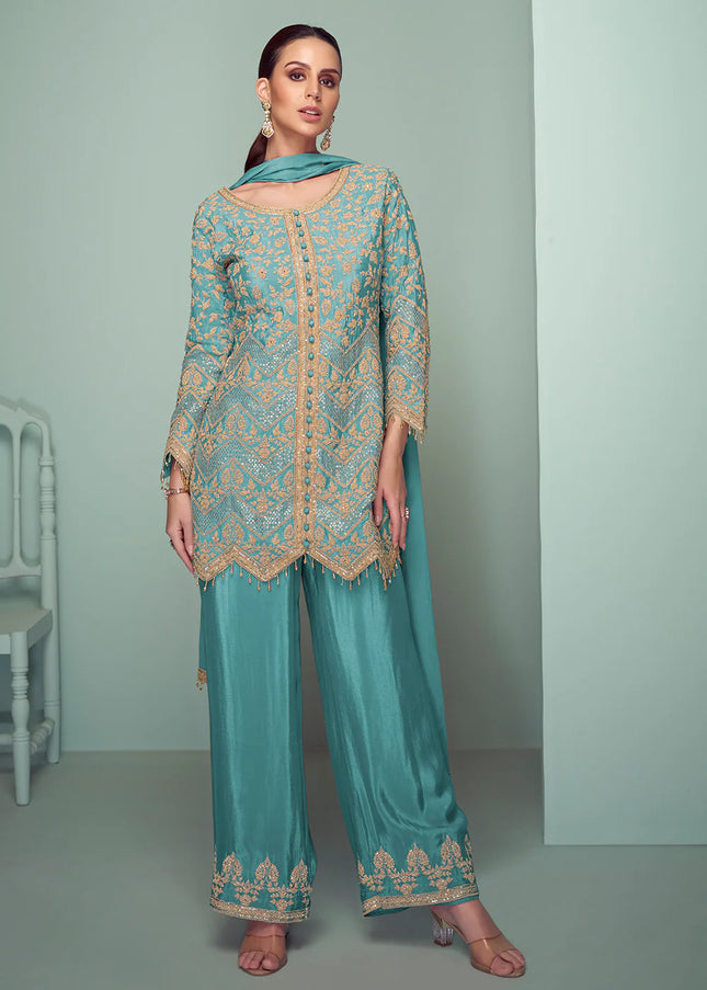 Teal Embroidered Pant Style Suit