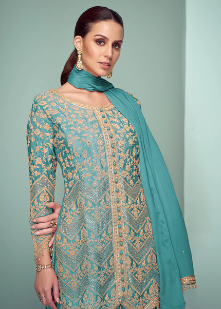 Turquoise Embroidered Pant Style Suit