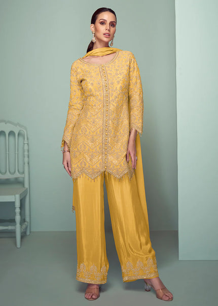 Yellow Embroidered Pant Style Suit