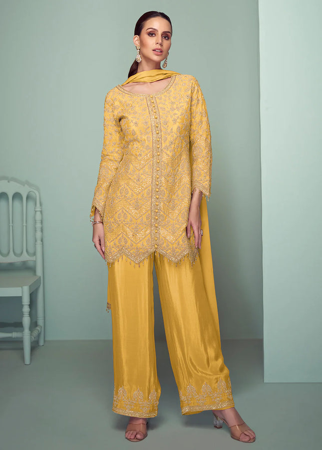 Yellow Embroidered Pant Style Suit
