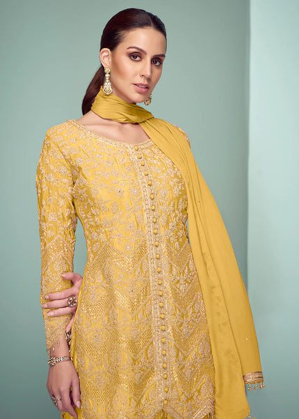 Yellow Embroidered Pant Style Suit