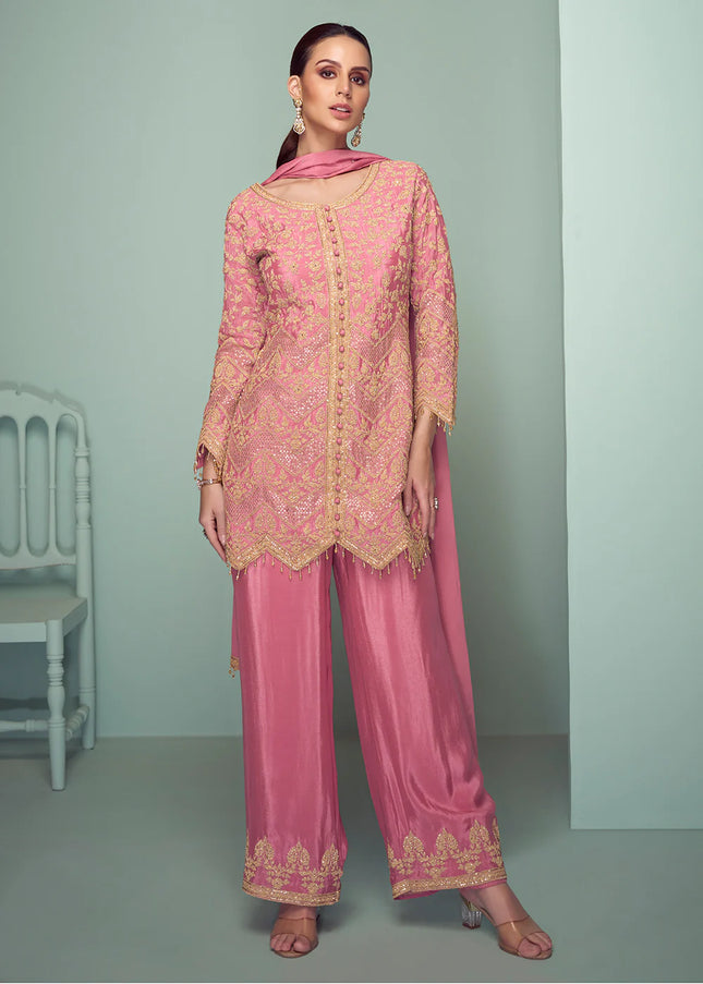 Pink Embroidered Pant Style Suit