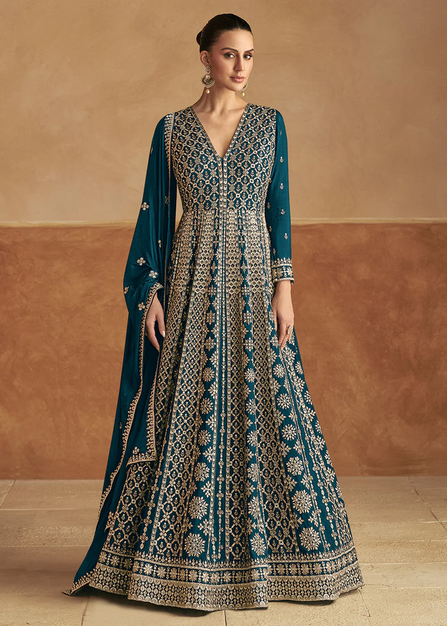Teal Embroidered Anarkali Gown