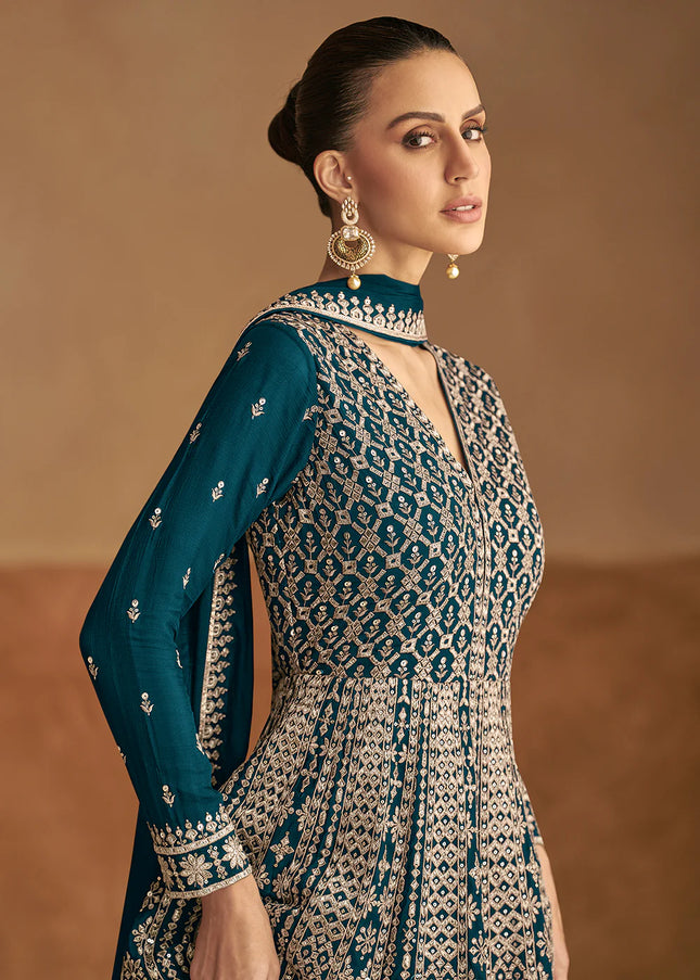 Teal Embroidered Anarkali Gown