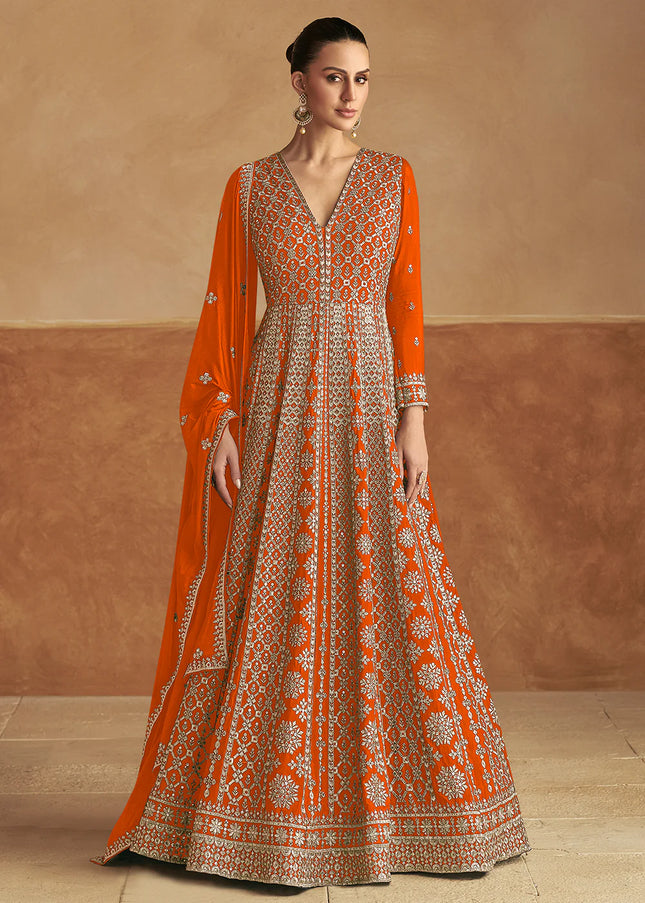 Orange Embroidered Anarkali Gown