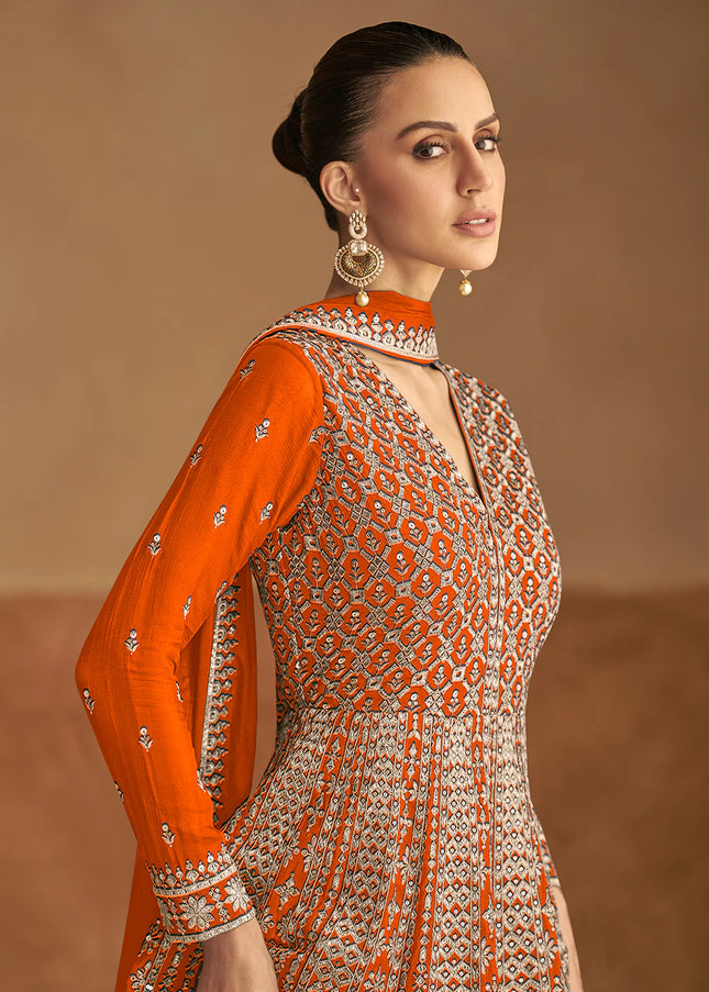 Orange Embroidered Anarkali Gown