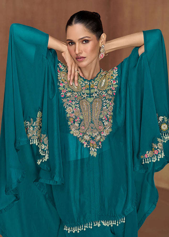 Teal Embroidered Jacket Style Palazzo Suit