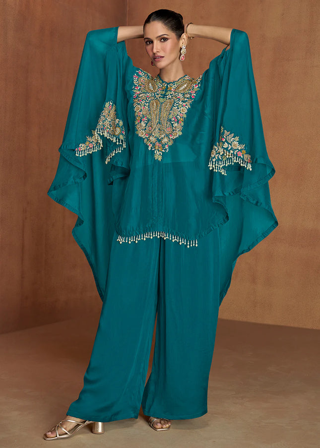 Teal Embroidered Jacket Style Palazzo Suit