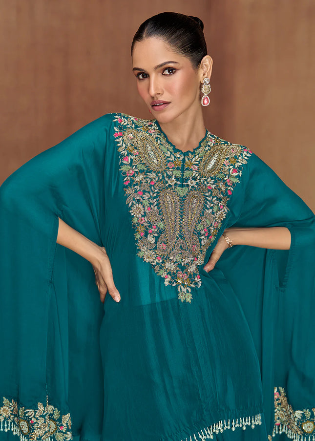 Teal Embroidered Jacket Style Palazzo Suit